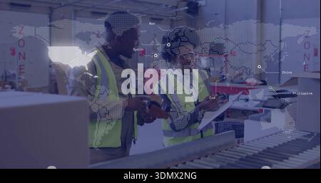 Warehouse staff wearing vests, hard hats, checking clipboard, using scanner on conveyor map overlay Stock Photo