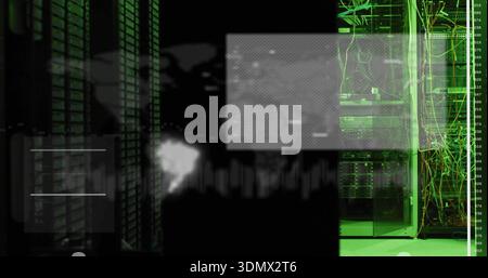 Revealing open network cabinet exposing patch cables in server room with HUD overlays, copy space Stock Photo