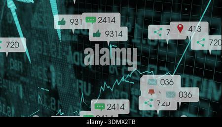 Displaying teal analytics dashboard with glowing line chart callouts badges icons ticker data bars Stock Photo