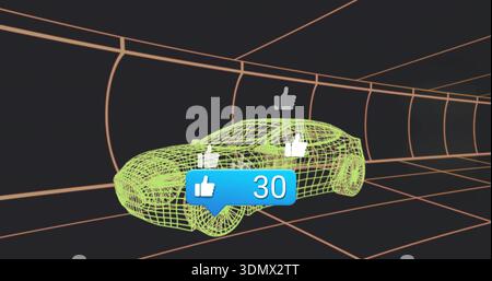 Floating neon-green mesh car cruising through orange grid tunnel with blue 30 bubble, thumbs-up Stock Photo