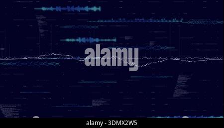 Displaying central white dotted waveform undulating across dark digital dashboard, with teal waves Stock Photo