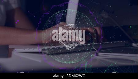Typing woman wearing short sleeve light shirt pressing laptop keys at home, with holographic sphere Stock Photo