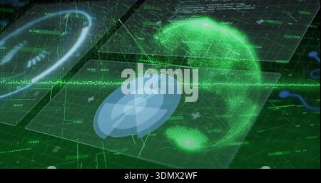 Floating green holographic globe rotating in virtual HUD, showing radar disc, scan line, data nodes Stock Photo