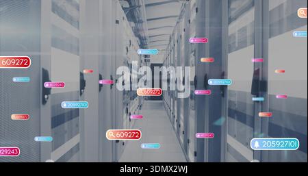 Displaying server rack central aisle in data center, showing floating AR tags and blinking LEDs Stock Photo