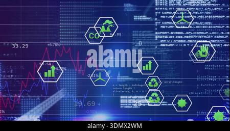 Displaying digital dashboard on screen, showing hexagonal green icons and magenta blue charts Stock Photo