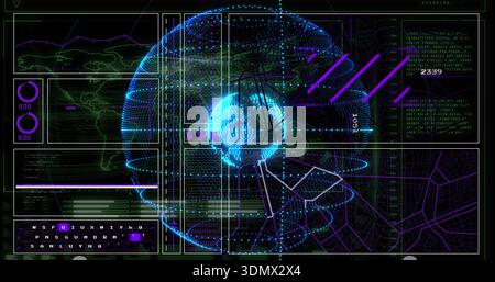 Projecting hologram globe rotating with cyan core, purple arc lines on HUD, with data panels Stock Photo