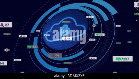 Displaying glowing cloud icon with padlock on virtual dashboard, showing HUD rings and bubble 7237 Stock Photo