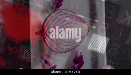 Displaying halved purple onion resting on glossy panel at tabletop, with peel fragments and red HUD Stock Photo