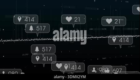 Displaying data overlay with dotted waveform and notification callouts on dark dashboard Stock Photo