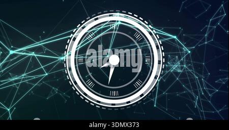 Rotating central circular dial displaying layered rings in abstract network, with triangular hands Stock Photo