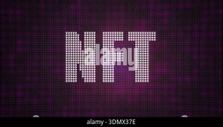 Displaying typographic NFT motif formed from LED dots glowing in digital banner, with magenta glow Stock Photo