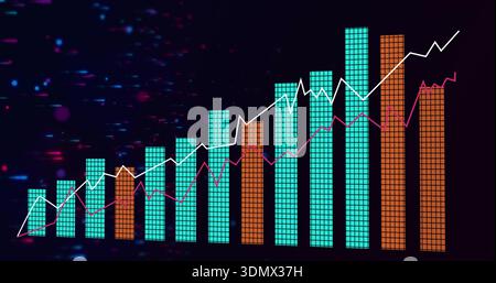 Displaying multi-series bars with teal-orange tiles and white magenta lines on dark neon backdrop Stock Photo