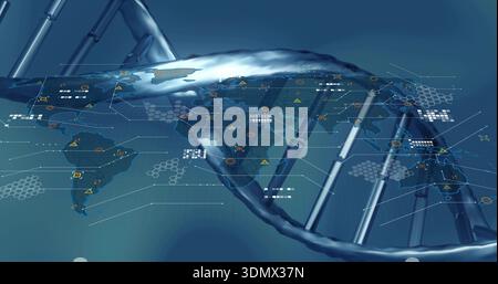 Showing translucent DNA helix slanting on data dashboard featuring world map and metal rods Stock Photo