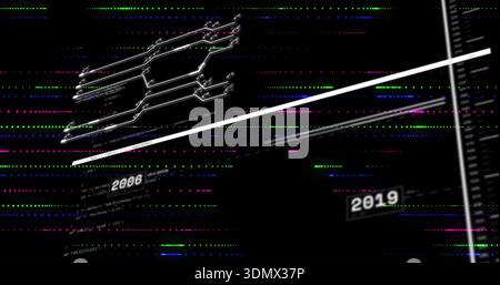 Featuring abstract glitch on black, showing diagonal white bars, neon circuit, 2006 and 2019 labels Stock Photo