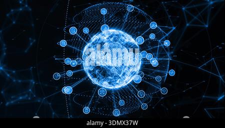 Glowing holographic globe pulsing with orbital rings in virtual space, showing circular node icons Stock Photo
