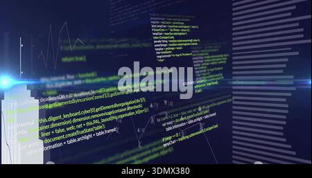 Displaying layered syntax-highlighted code planes floating within virtual UI, with blurred graphs Stock Photo