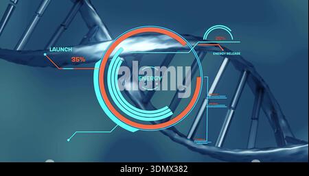 Displaying metallic double helix spanning teal-blue gradient, featuring HUD, LAUNCH 35%, ENERGY Stock Photo