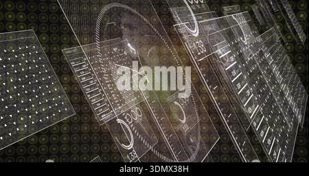 Displaying translucent data panels with circular gauge, left grid and wireframe annotations in HUD Stock Photo
