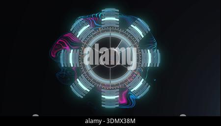 Displaying HUD pulsing on black gradient, with concentric rings, panels, cyan-magenta waveforms Stock Photo