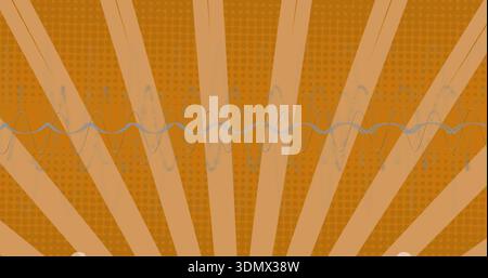 Undulating pale blue and gray waveform spanning midline in retro sunburst poster, halftone texture Stock Photo