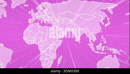 Showing world map centered in digital art, with white outlines, pink-purple gradient, radial beams Stock Photo