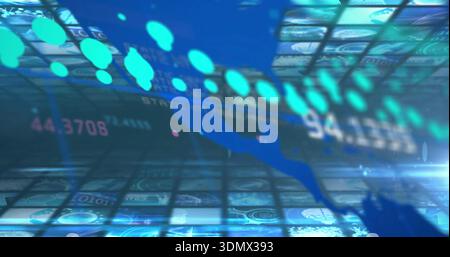 Streaming diagonal blue data ribbon moving across tiled display, with turquoise nodes and HUDs Stock Photo
