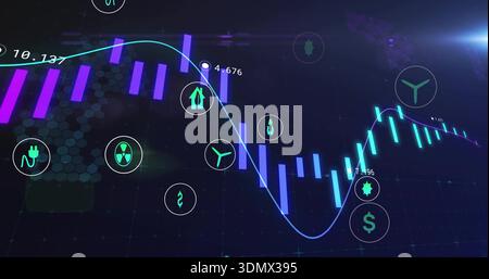 Displaying neon-blue line graph over purple cyan bars on digital dashboard, showing sector icons Stock Photo