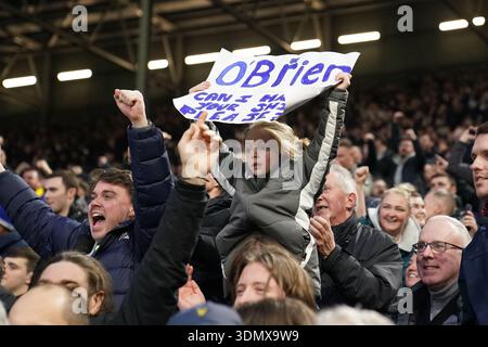 Everton fans celebrating after the Fulham v Everton Premier League