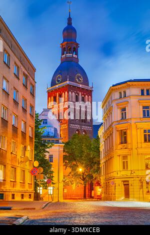 Riga, Letonia. Midnight city lights in downtown and the Cathedral Rigas Dom Stock Photo