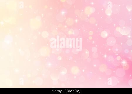 Light pink background with bokeh and soft glitter. Pastel beige and golden fantasy blurred gradient with shiny sparkles and ivory elegant glow Stock Vector