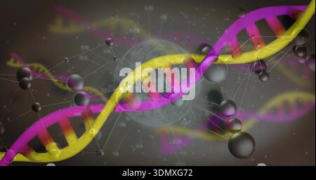 Displaying double-helix DNA twisting across lab render, showing base pairs and metallic nodes Stock Photo