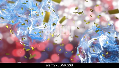 Floating pair of translucent blue blobs drifting in abstract studio, with gold confetti and bokeh Stock Photo