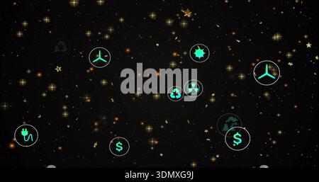 Displaying teal energy, economic, and hazard icons on dark cosmic background, with gold sparks Stock Photo