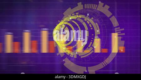 Displaying concentric circular HUD rings glowing on purple grid field, with orange bar chart Stock Photo