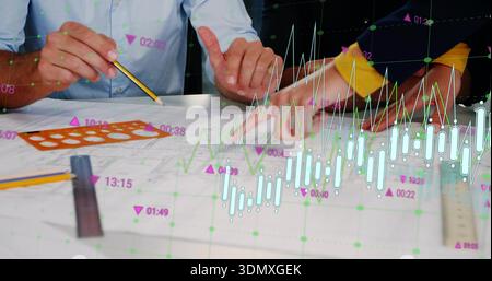 Tracing and pointing team's hands in blue shirt, dark sweater on plans with stencil, stock chart Stock Photo