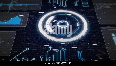 Projecting central holographic HUD over grid plane, showing data panels and circuit traces Stock Photo