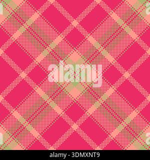 Vibrant pink and green diagonal plaid seamless pattern. This modern pixelated tartan design is perfect for trendy textiles, digital backgrounds, and e Stock Vector