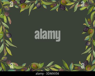 watercolor frame with branch of black olives with leaves and fruits ...