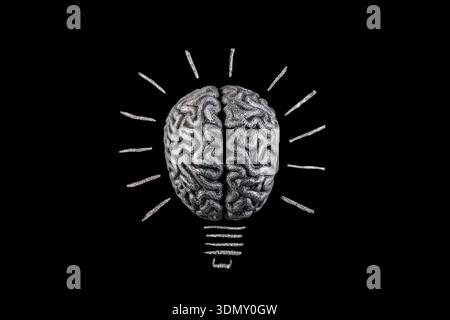Chalk hand drawn light bulb with human brain inside isolated on black background Stock Photo