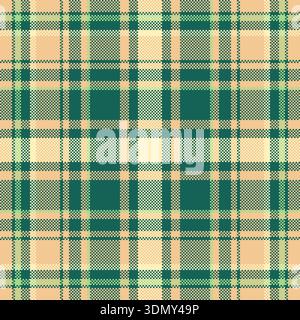 This classic green and beige plaid pattern features a seamless pixelated weave. A versatile tartan background perfect for cozy textiles, digital wallp Stock Vector