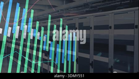 Displaying server racks in server room, featuring overhead cables, LEDs and green blue data overlay Stock Photo
