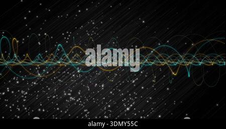 Displaying multicolored waveform lines weaving along center in dark space with starlike particles Stock Photo
