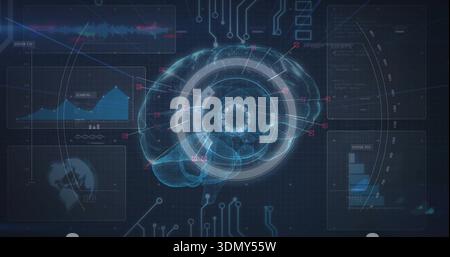 Projecting holographic brain with concentric HUD, radial lines and pink markers on analytics UI Stock Photo