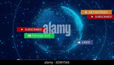 Displaying hologram globe rotating in virtual space, with SUBSCRIBED, Message Sent, LIKED badges Stock Photo