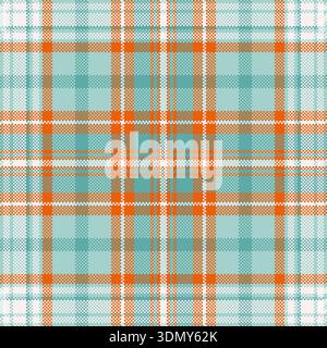 Modern orange and teal pixelated plaid pattern. This seamless tartan design offers a vibrant digital weave effect, ideal for trendy textile prints, we Stock Vector