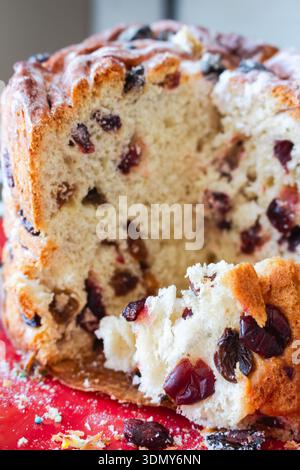 Easter cake with raisins close up. Orthodox Easter celebration. Easter panettone cake with raisins closeup. Spring religious holiday. Stock Photo