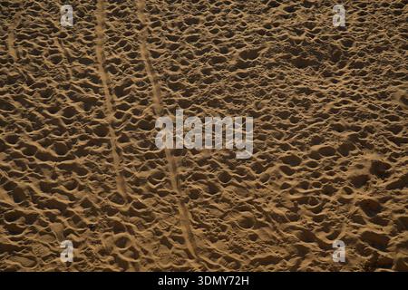 Tire tracks create intricate patterns on a sunny sandy beach. The contrasting textures highlight the effect of vehicular traffic on the sand. Stock Photo