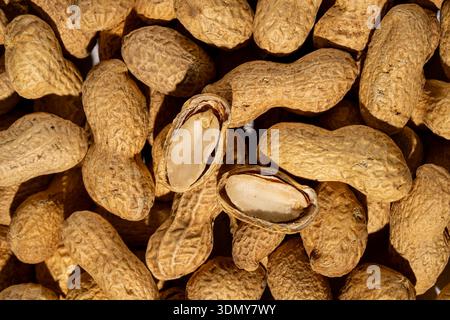 A close-up image of whole peanuts in their natural, textured shells. The photograph showcases the intricate details of the peanut shell, highlighting Stock Photo