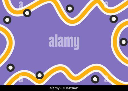 A vibrant abstract pattern featuring yellow and white wavy lines on a purple background. Black circles with white centers accent the design, offering Stock Photo