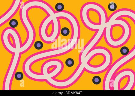 A vibrant abstract design featuring intertwined pink and white lines on a bright orange background, accented by small navy blue circles, creating a dy Stock Photo